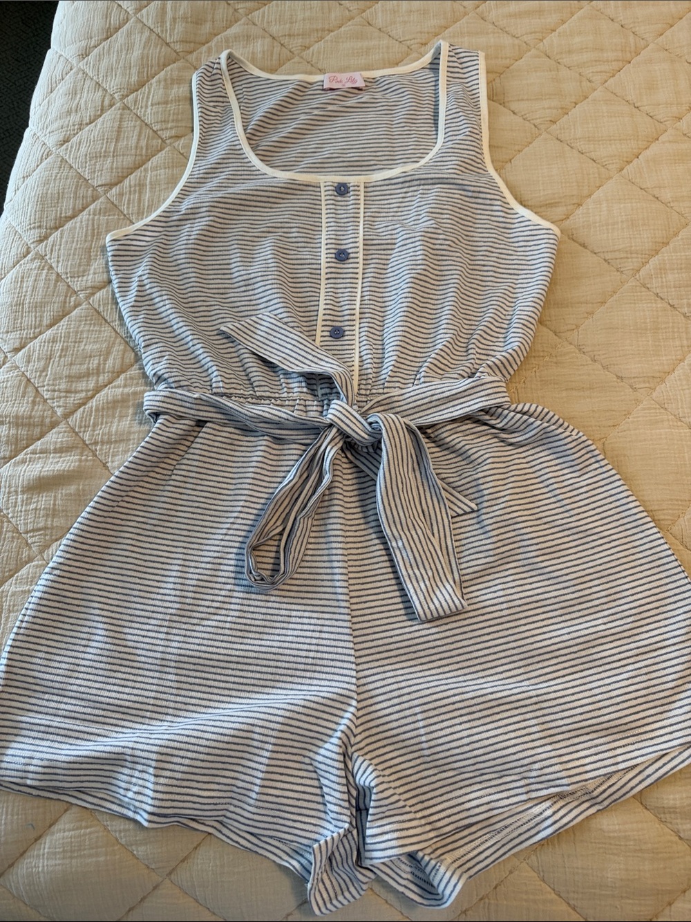 Pink Lily Navy & White Striped Tie-Waist Romper NWT
